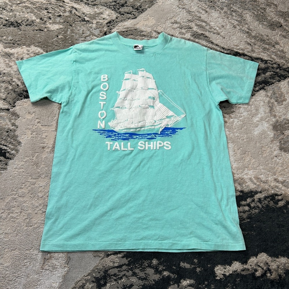 VTG Wear Wolf Boston Tall Ships T Shirt Mens‎ L Aqua Graphic Single Stitch 90s